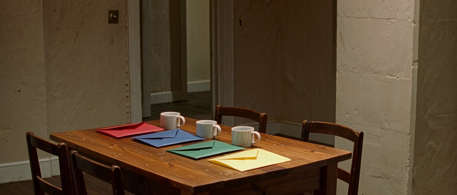 a kitchen table with four mugs and four chairs and, on the table, four sealed envelopes each of a different colour of paper