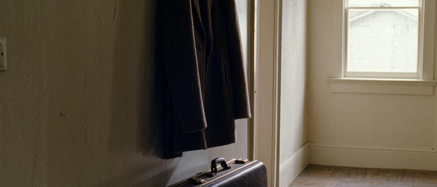 a hall with a coat on the hook and a suitcase beneath it that was packed once and never taken anywhere, dust on its handle