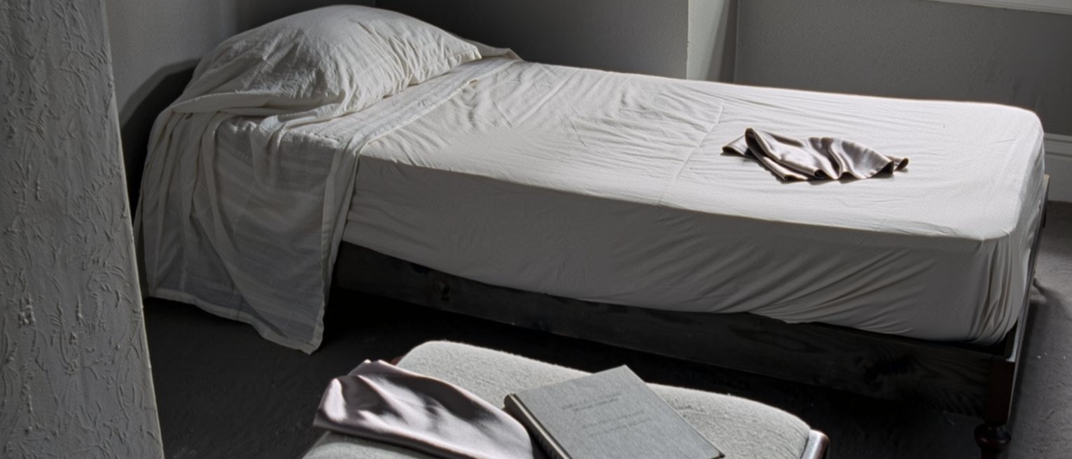 a bedroom kept very plain, one chair, one book on it, one folded silk slip laid on the pillow