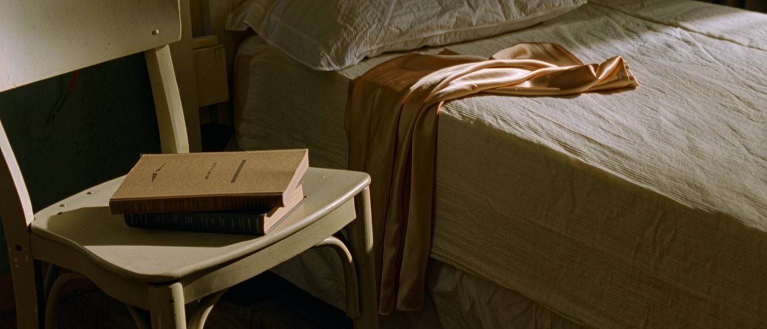 a bedroom kept very plain, one chair, one book on it, one folded silk slip laid on the pillow