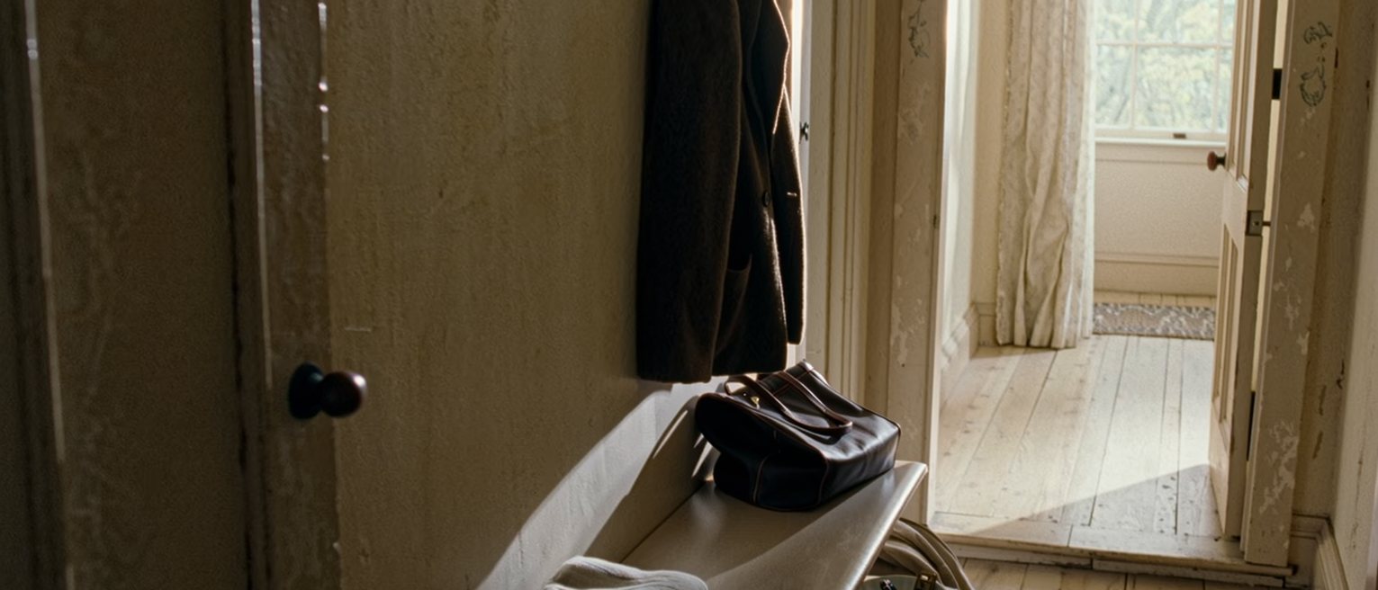 a hall seen close with a coat left on the hook above the bench, a bag and a folded cloth on the bench below, a dish of keys on the shelf, the wall soft beyond