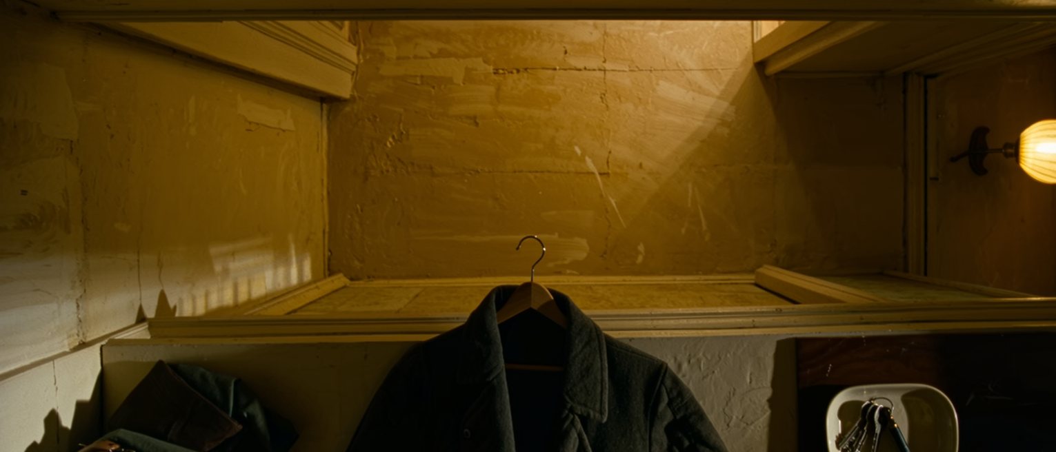 a hall seen close with a coat left on the hook above the bench, a bag and a folded cloth on the bench below, a dish of keys on the shelf, the wall soft beyond