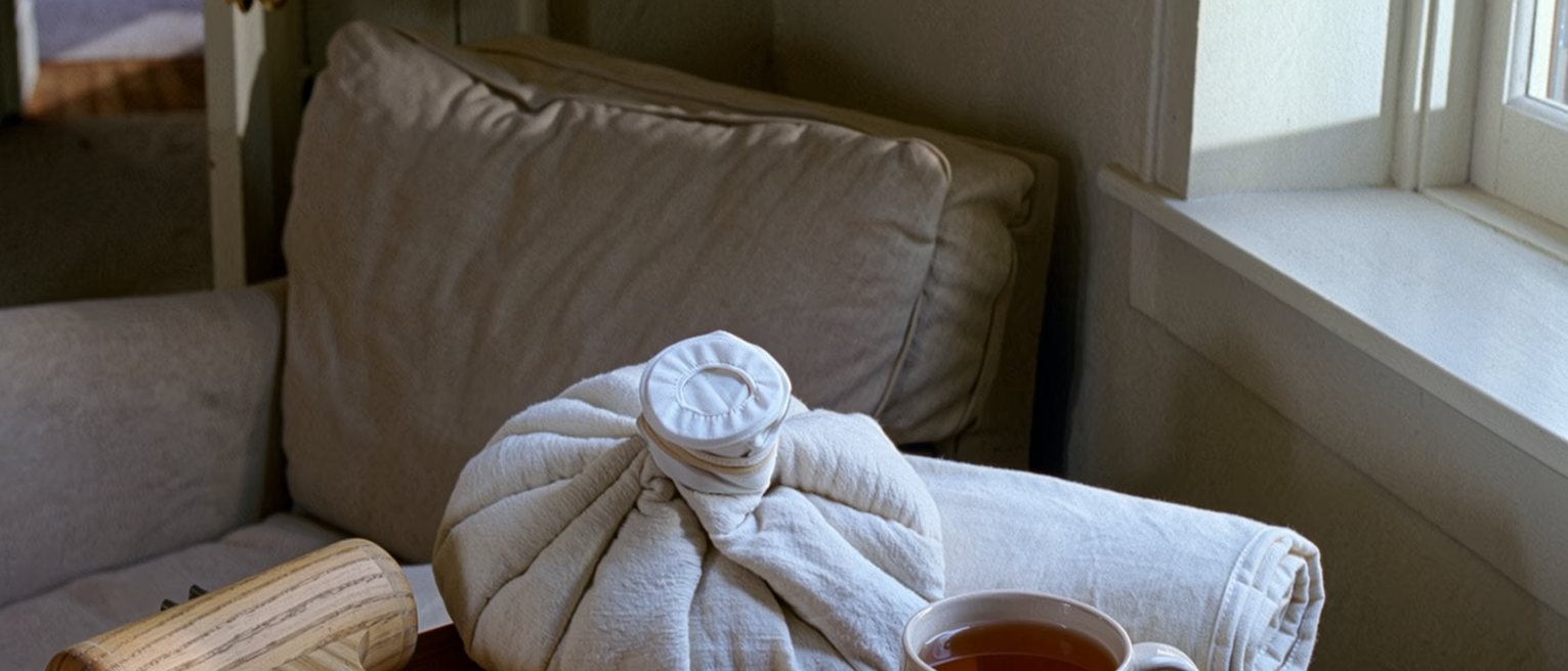 a sitting room seen close with a wooden kneading tool and a hot compress folded on the chair arm beside a cup of tea, a cushion propped behind, the room soft beyond