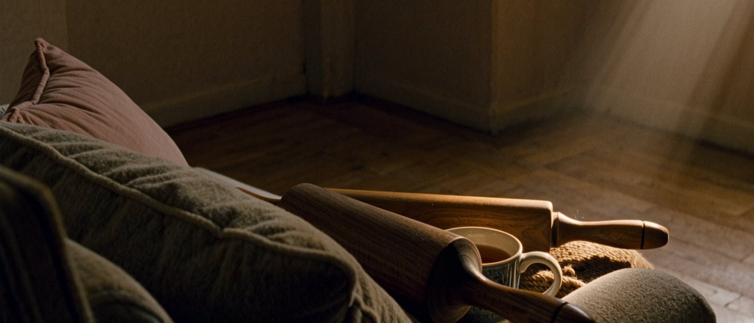 a sitting room seen close with a wooden kneading tool and a hot compress folded on the chair arm beside a cup of tea, a cushion propped behind, the room soft beyond