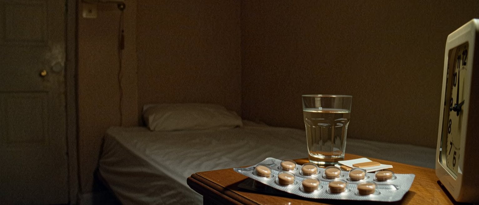 a bedroom seen close with an opened packet of adhesive patches and a small stack of used ones on the bedside table beside a glass of water and a clock, the bed turned back behind