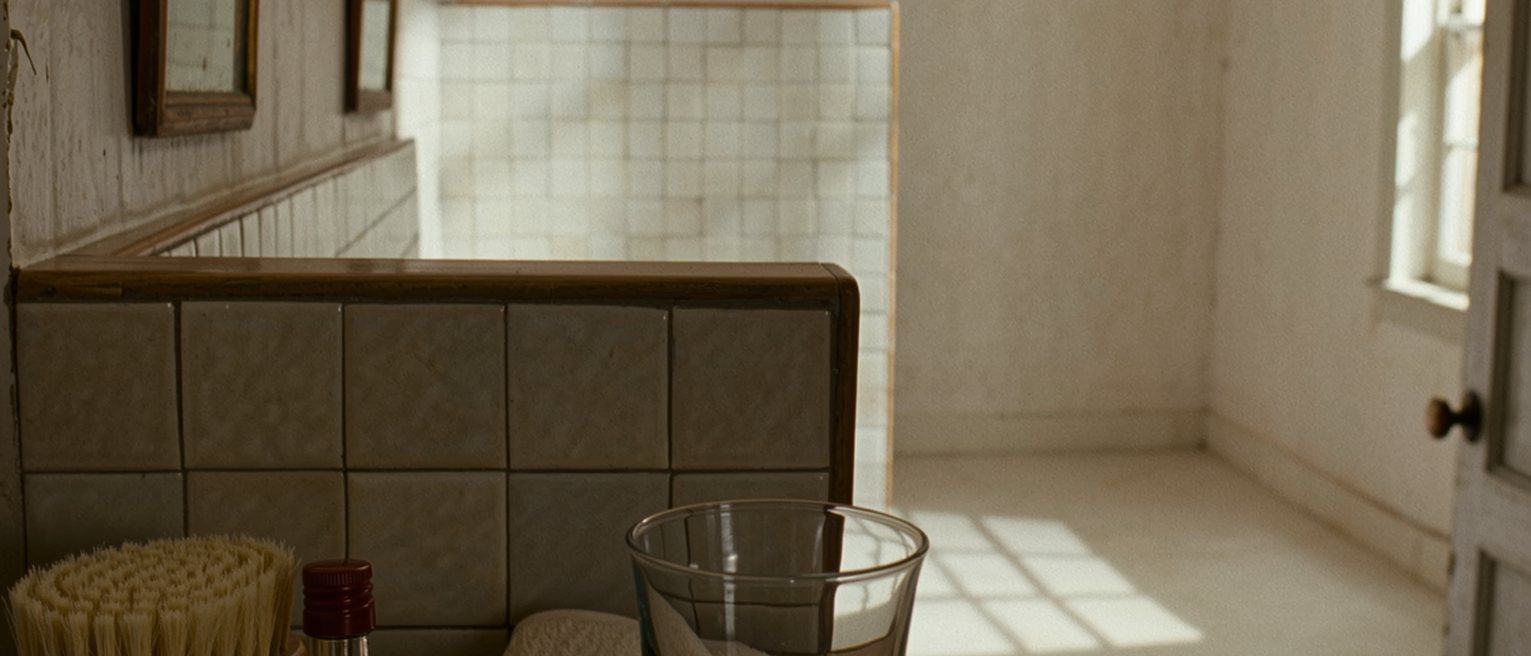 a bathroom shelf seen close with a soft bristle brush and a bottle of oil standing beside a folded towel and a glass, the tiled wall soft beyond