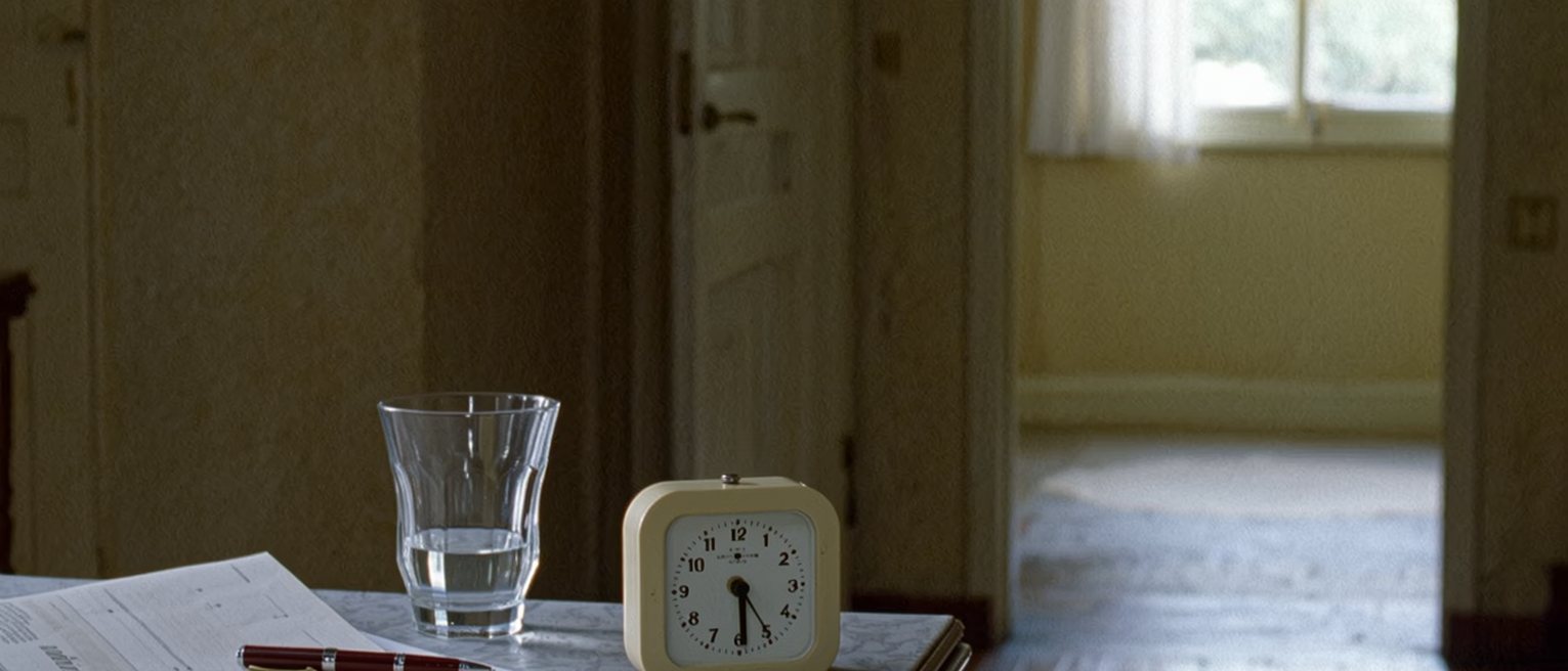 a table seen close with a small kitchen timer standing beside a glass of water and a folded printed sheet in a clear sleeve, a pen, the window soft beyond