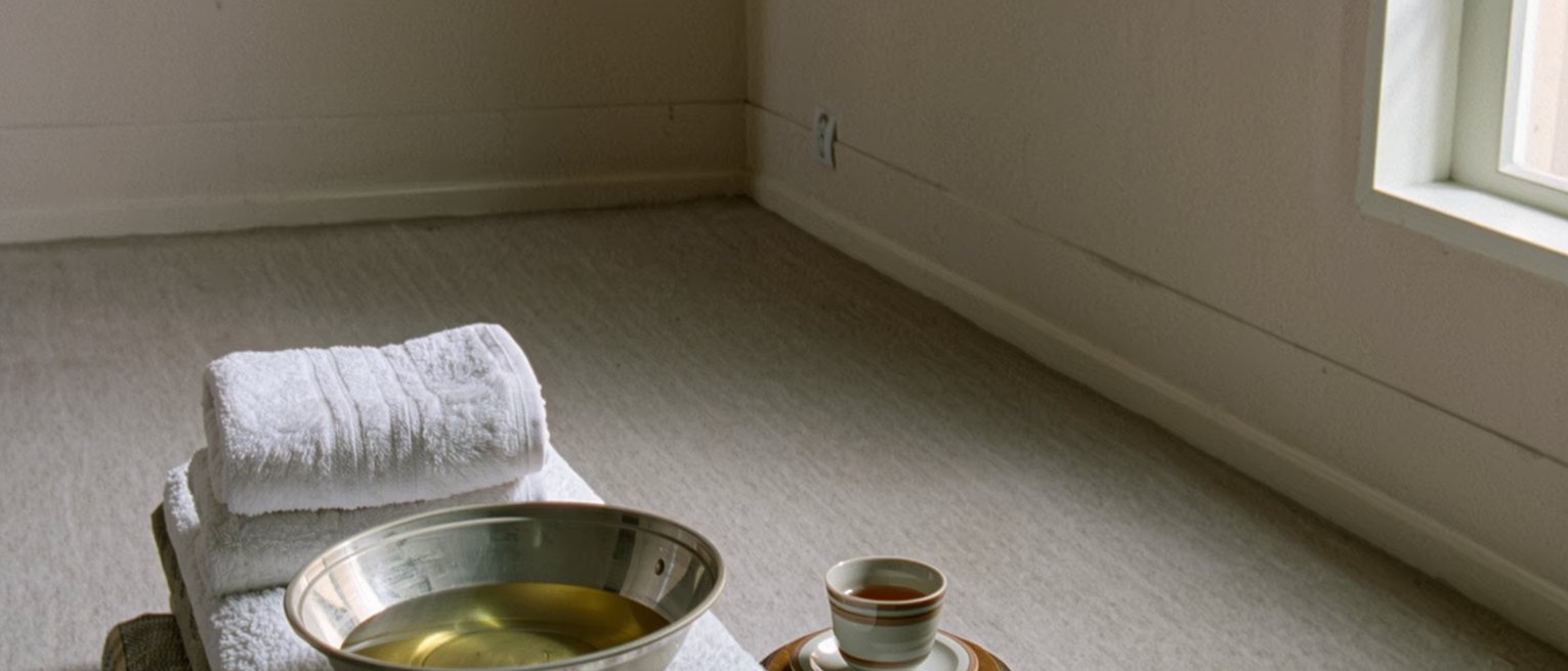 a sitting room seen close with a low footstool holding a folded towel and a basin of water set beside it, a cup of tea on the side table, a cushion, the room soft beyond