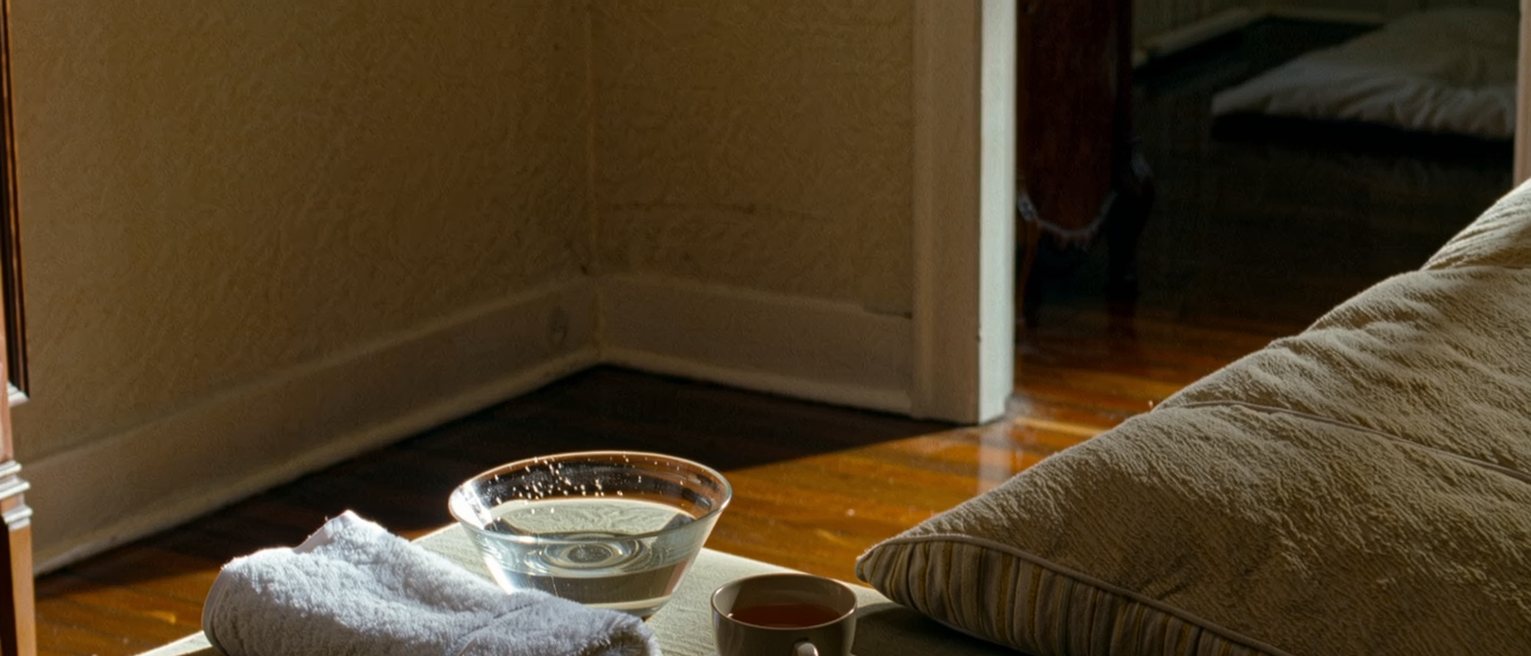 a sitting room seen close with a low footstool holding a folded towel and a basin of water set beside it, a cup of tea on the side table, a cushion, the room soft beyond