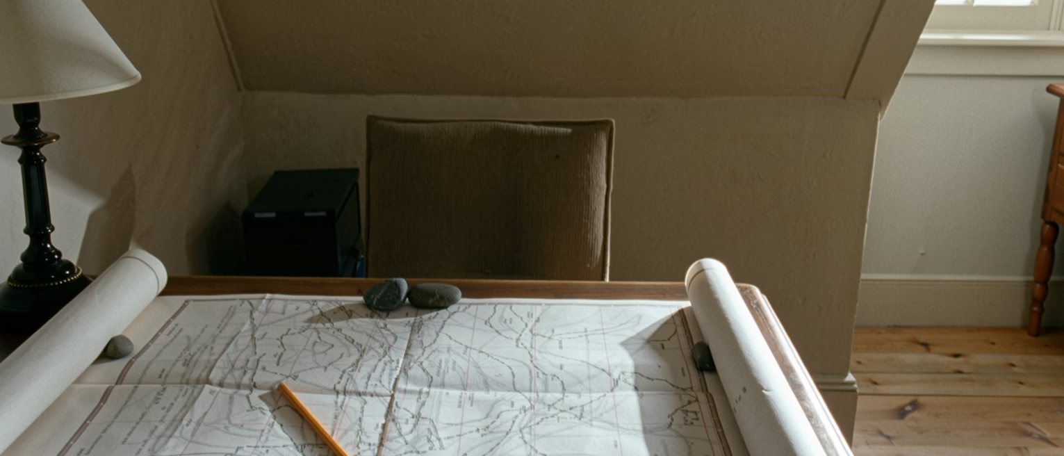 a study seen close with a rolled paper chart opened flat on the desk and weighted at both ends with small stones, a pencil laid across it, a lamp, the chair pushed in