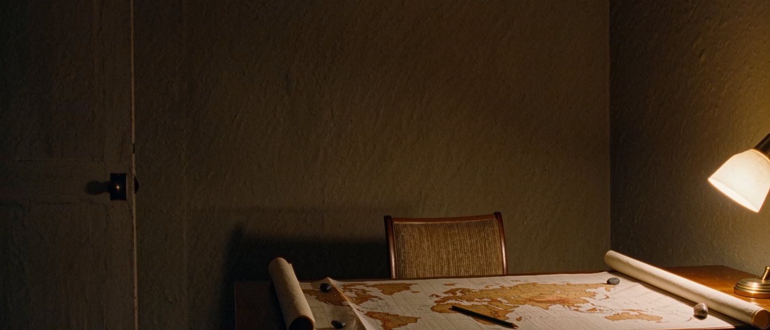 a study seen close with a rolled paper chart opened flat on the desk and weighted at both ends with small stones, a pencil laid across it, a lamp, the chair pushed in