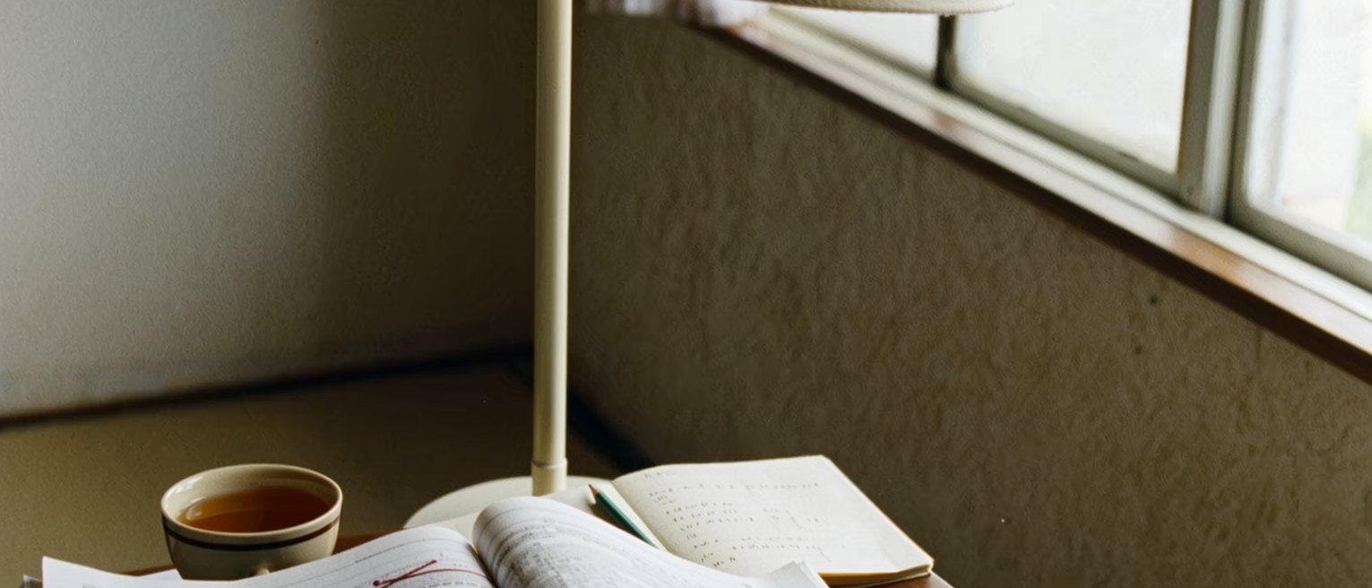 a writing desk seen close with a Japanese dictionary open at a page with one entry underlined in pencil, a notebook with a word written and crossed out, a cup of tea, the lamp close behind and the window soft beyond