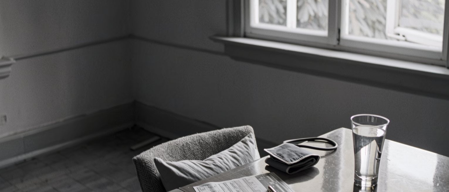 a table seen close with a blood pressure cuff coiled beside a folded printout of readings and a pen, a glass of water, a cushion on the chair drawn up, the window soft beyond