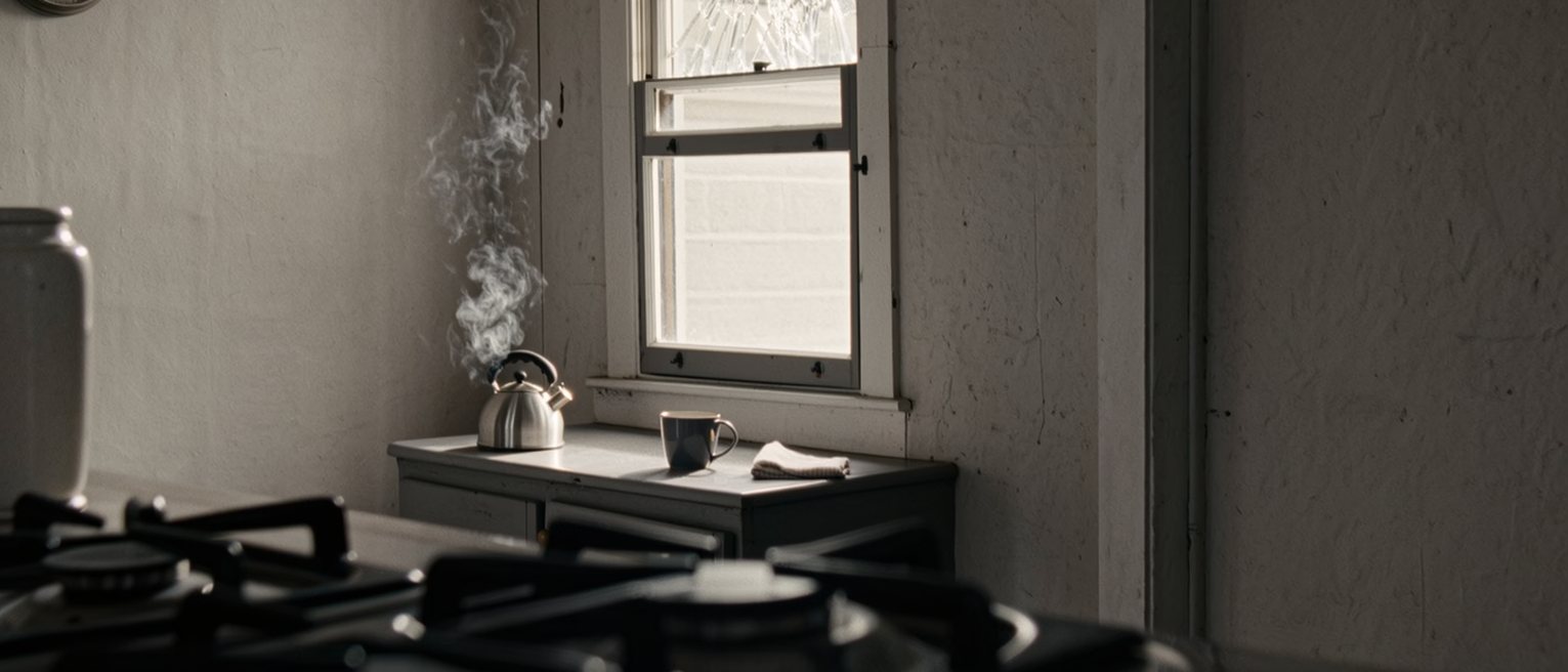 a kitchen seen close with a window cracked open above the counter, a kettle set off the heat with its steam gone, a cup and a folded cloth beside it, a clock on the wall, the room soft beyond