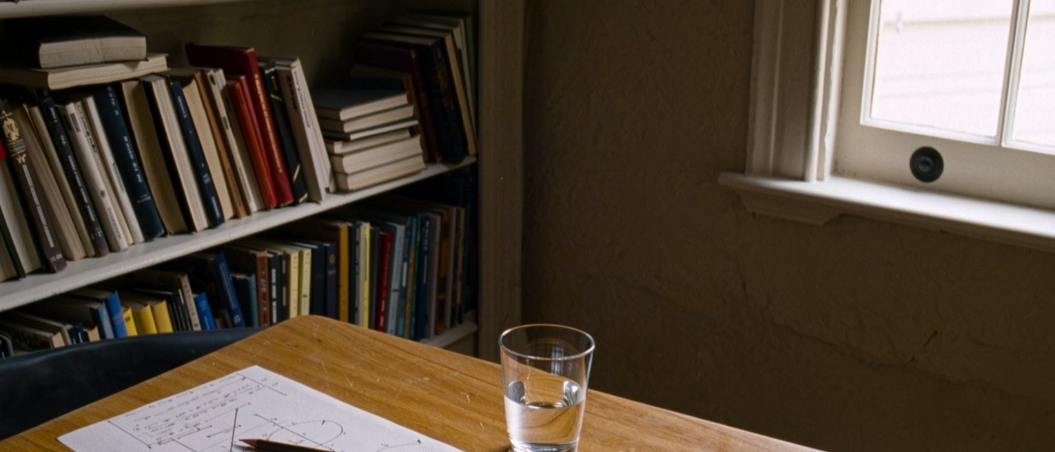 a study desk seen close with a printed maths worksheet half completed, a pencil laid down, a stopwatch and a cup of water, the bookshelf close behind and the window soft beyond