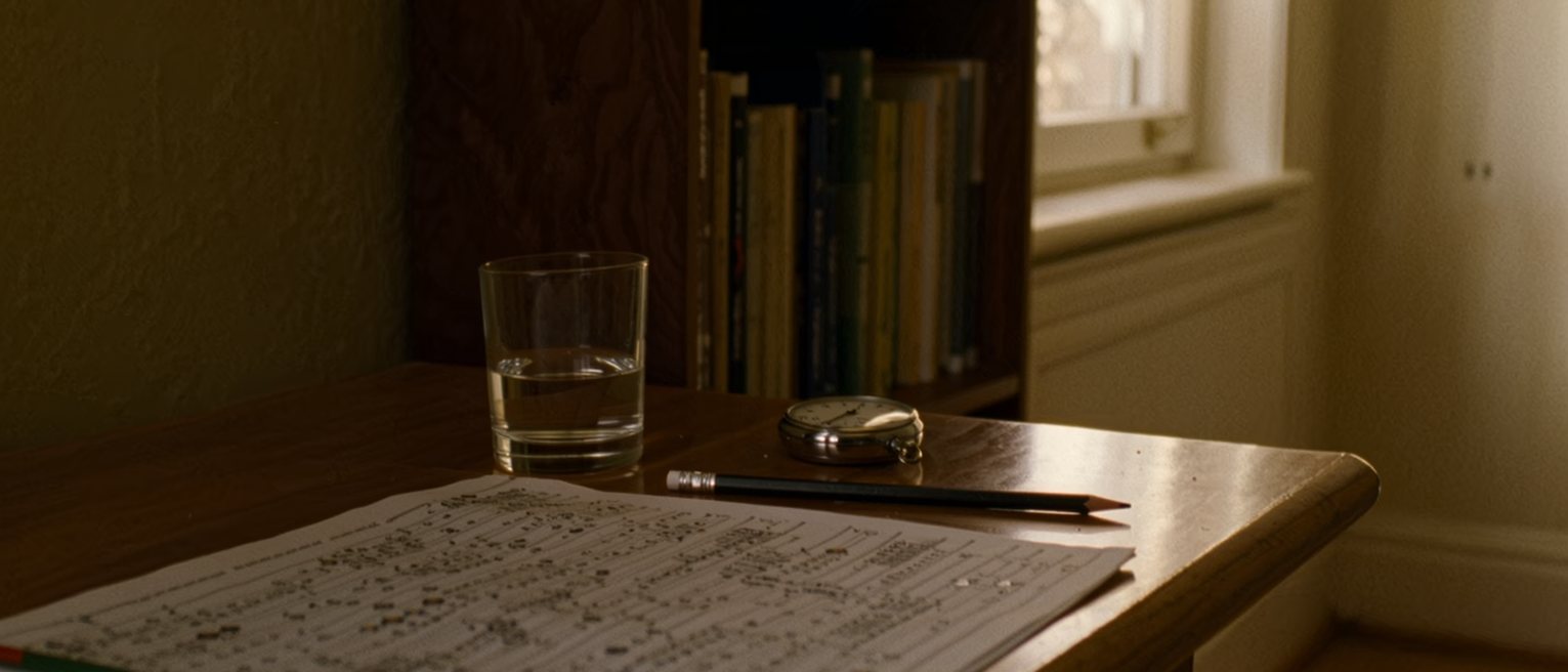 a study desk seen close with a printed maths worksheet half completed, a pencil laid down, a stopwatch and a cup of water, the bookshelf close behind and the window soft beyond