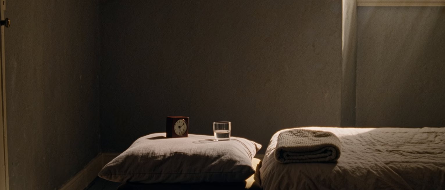 a bedroom seen close with a flat cushion squared on the rug beside the bed, a small clock and a glass of water set on the low stool above it, a folded blanket, the window soft beyond