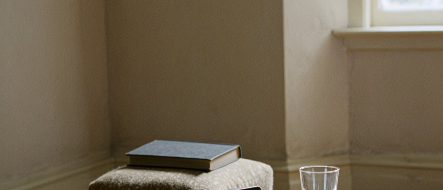 a sitting room seen close with a small timer standing beside a glass of water on the low table, a cushion set square on the chair behind them, a closed book, the room soft beyond
