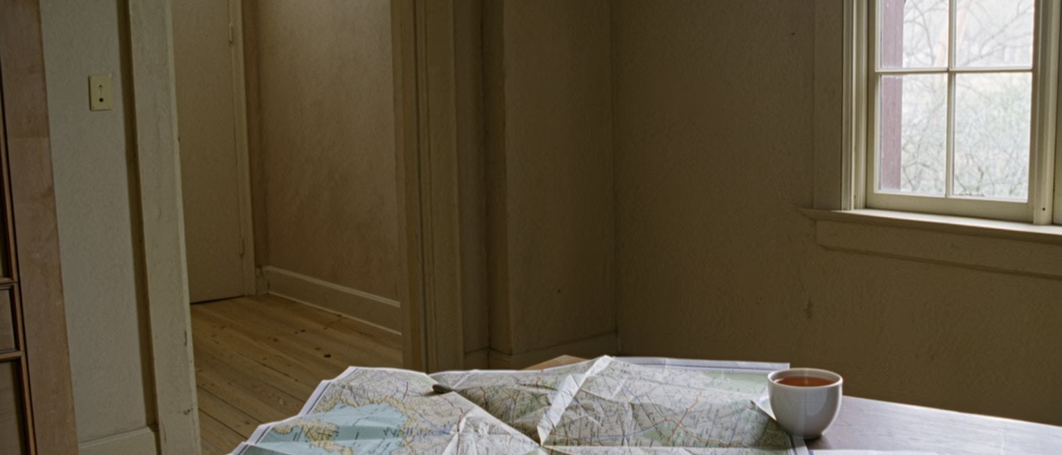 a table seen close with a folded paper map opened out and weighted at two corners with small stones, a pencil laid across it, a cup of tea, the window soft beyond