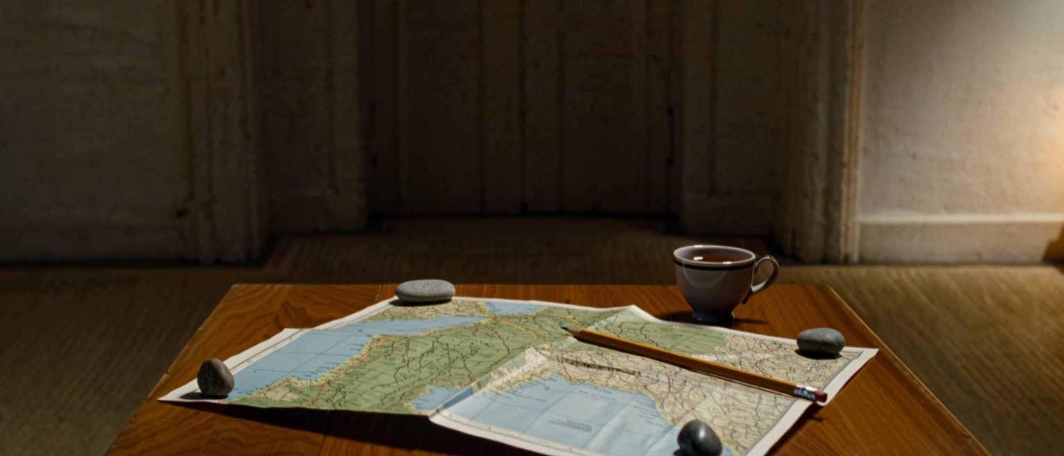 a table seen close with a folded paper map opened out and weighted at two corners with small stones, a pencil laid across it, a cup of tea, the window soft beyond