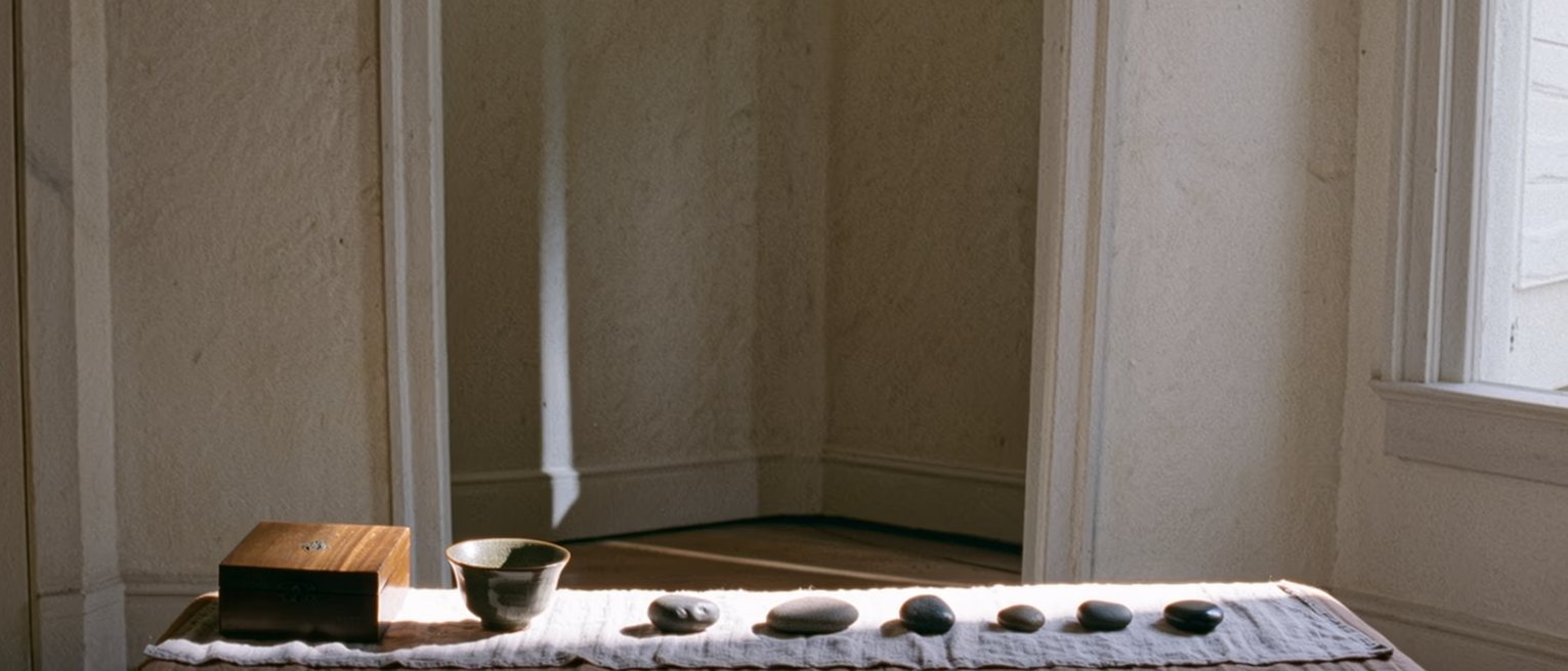 a low table seen close with seven small stones set out in a line along a folded cloth, a tea bowl at one end, a closed wooden box beside it, the shoji soft beyond