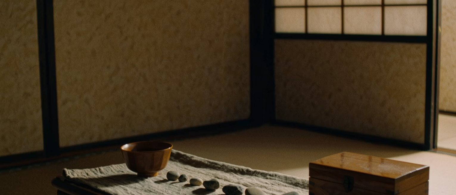 a low table seen close with seven small stones set out in a line along a folded cloth, a tea bowl at one end, a closed wooden box beside it, the shoji soft beyond