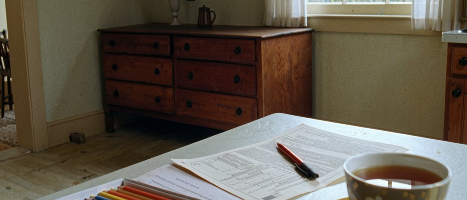 a kitchen table seen close with a report card open beside a red pen, a box of coloured pencils and a cup of barley tea, the dresser close behind and the window soft beyond