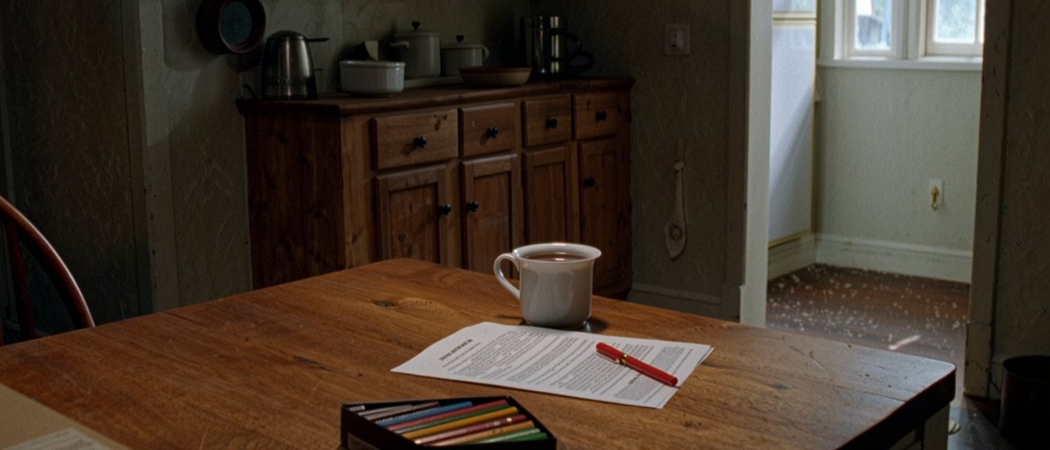 a kitchen table seen close with a report card open beside a red pen, a box of coloured pencils and a cup of barley tea, the dresser close behind and the window soft beyond