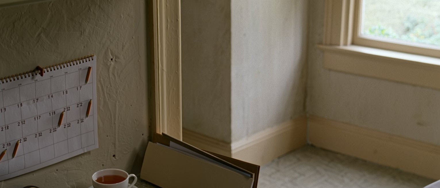 a kitchen seen close with a wall calendar where a run of days has been counted back in pencil, a cup of tea and a small clock on the counter beneath, a folder of papers propped at the side, the window soft beyond
