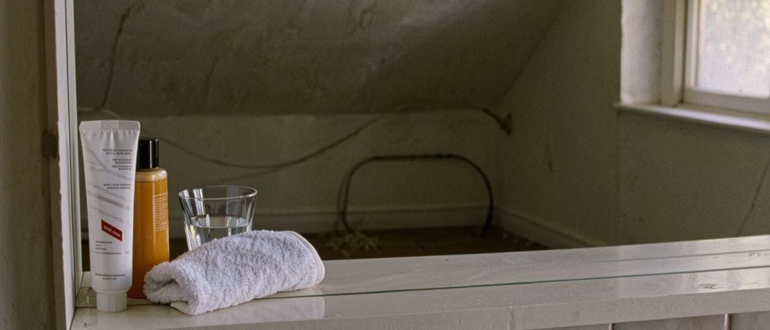 a bathroom shelf seen close with a prescription tube of cream beside a bottle of moisturiser, a folded flannel and a glass of water, the tiled wall close behind and the window soft beyond