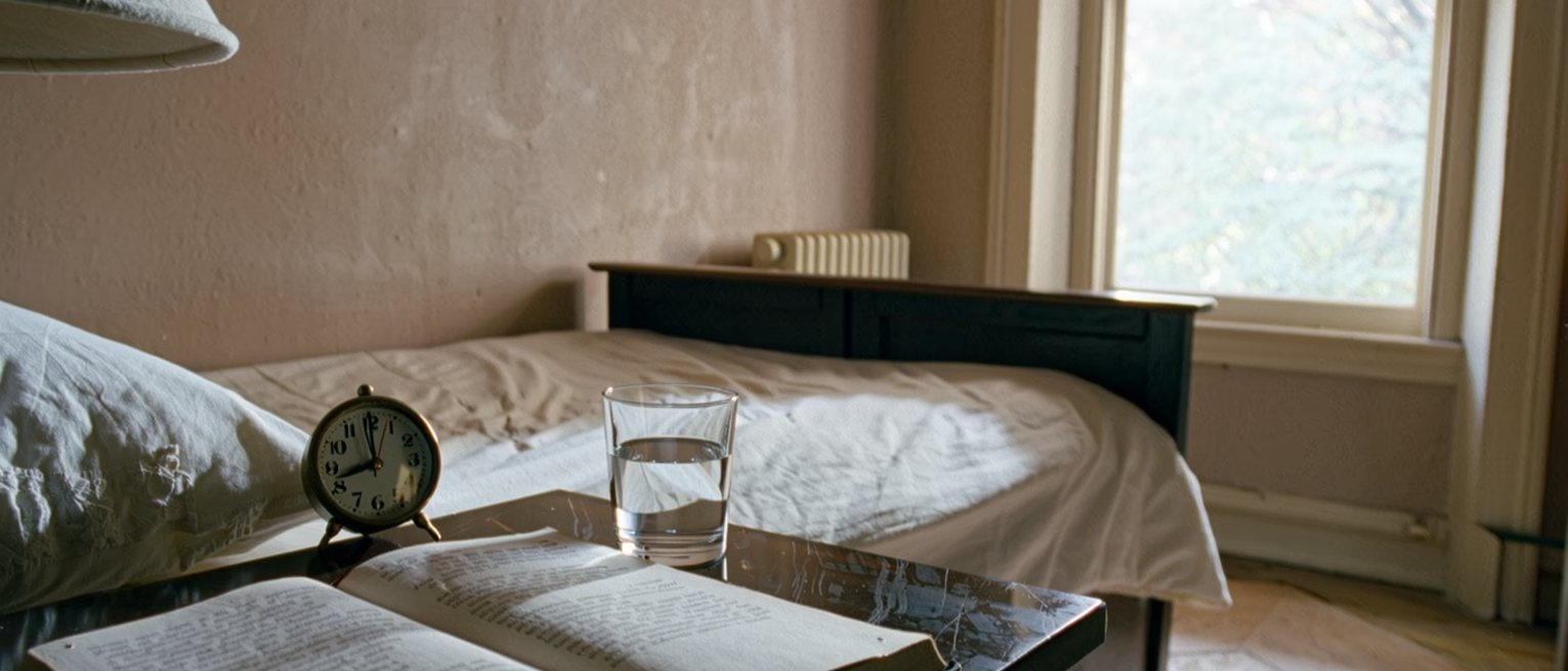 a bedside table seen close with a book of poems open, a small clock and a glass of water, the bed with its cover turned back close behind and the tall window soft beyond