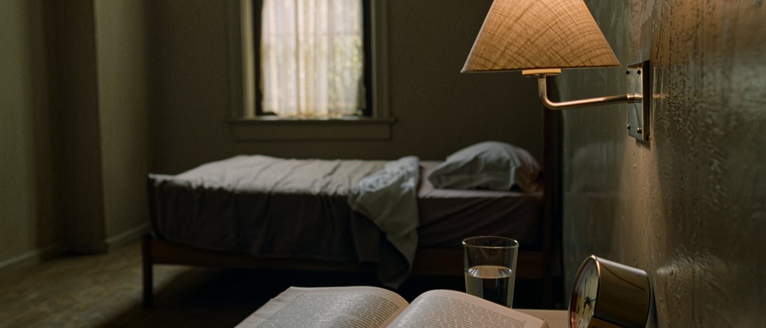 a bedside table seen close with a book of poems open, a small clock and a glass of water, the bed with its cover turned back close behind and the tall window soft beyond