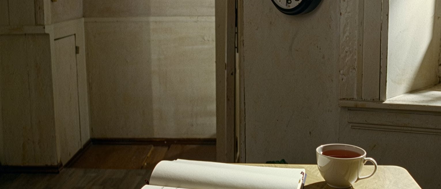 a kitchen table seen close with a notebook lying open at one short entry in pen, a cup of tea beside it, a clock on the wall above, the window soft beyond