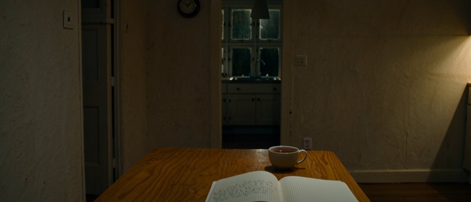 a kitchen table seen close with a notebook lying open at one short entry in pen, a cup of tea beside it, a clock on the wall above, the window soft beyond