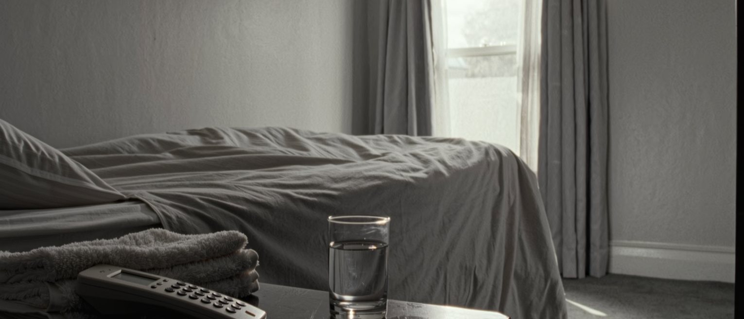 a bedside table seen close with a phone face down and switched off, a glass of water and a folded towel, the bed with its cover turned back close behind and the curtains drawn beyond