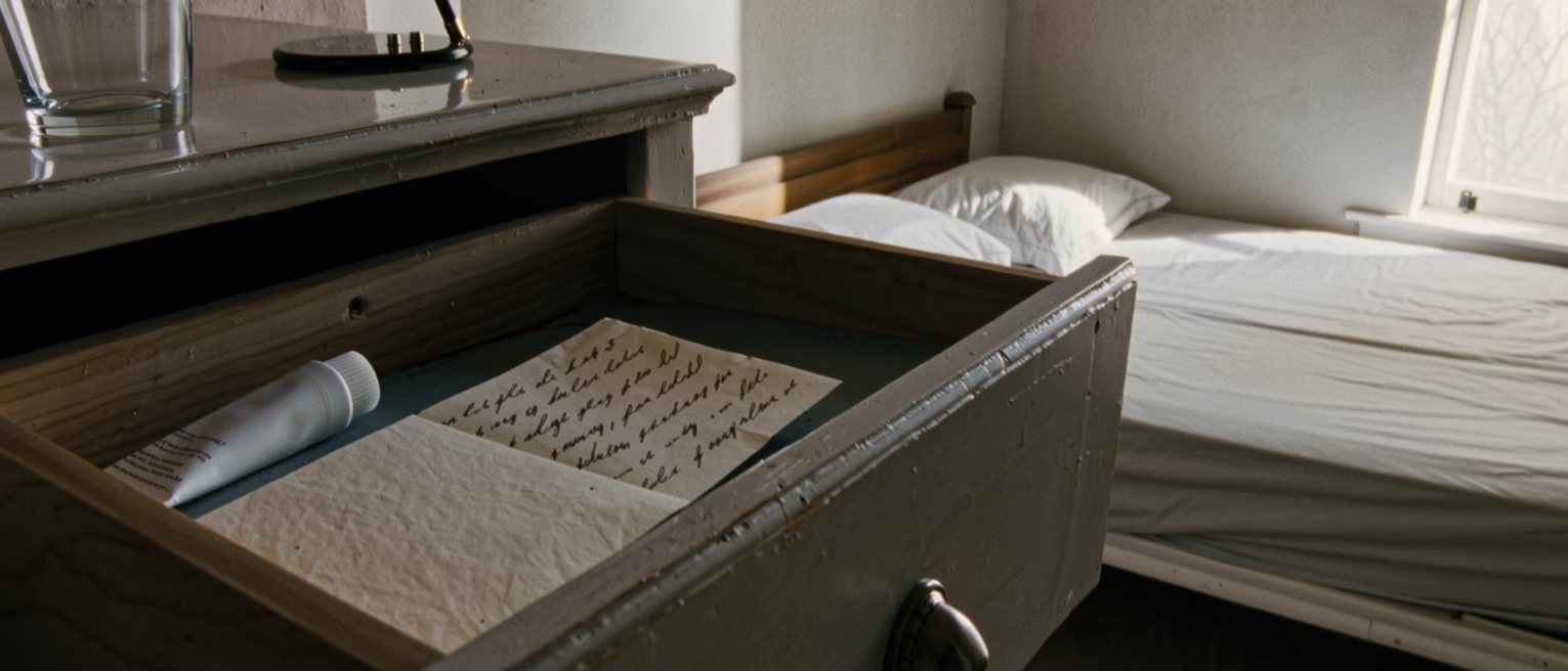a bedroom seen close with a bedside drawer open on a tube of gel still sealed and a folded card of notes, a lamp and a glass standing above, the bed turned back behind, the window soft beyond