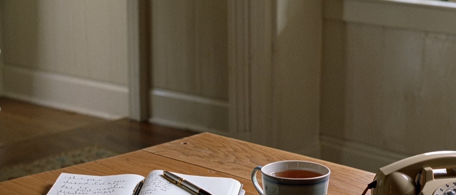 a kitchen table seen close with a notebook open at a short list written in pen, the pen laid across it, a cup of tea, a telephone resting on its cradle beside it, the window soft beyond