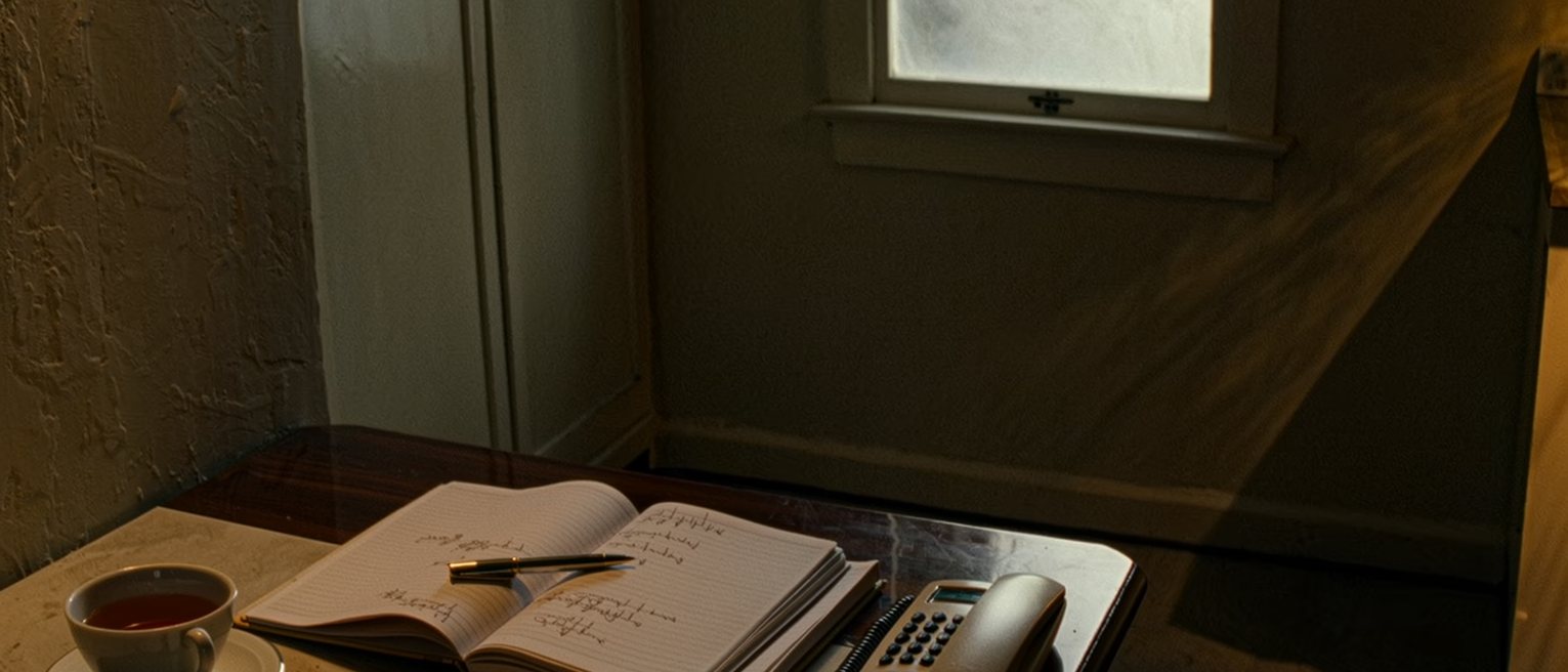 a kitchen table seen close with a notebook open at a short list written in pen, the pen laid across it, a cup of tea, a telephone resting on its cradle beside it, the window soft beyond