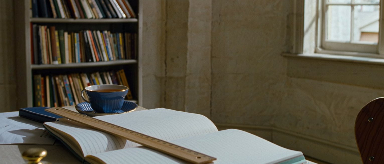 a study desk seen close with a wooden ruler laid across an open notebook, a small brass weight, a cup of tea and a pen, the bookshelf close behind and the window soft beyond