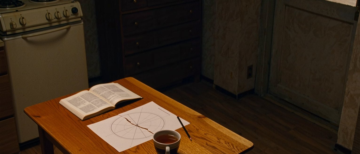a kitchen table seen close with a printed four-circle diagram torn in half, a Japanese paperback open beside it, a pencil and a cup of tea, the dresser close behind and the window soft beyond