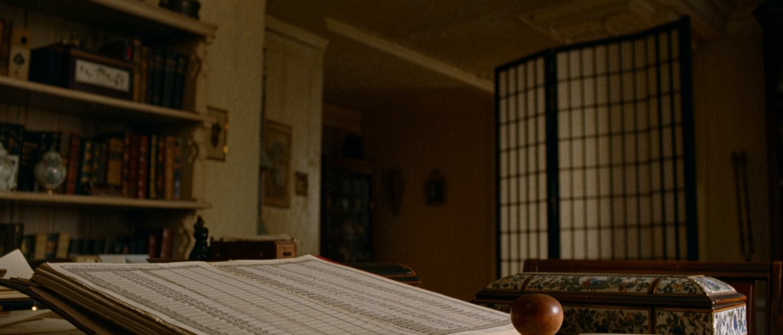 a study seen close with a bound registry ledger open at columns of brush entries, a wooden seal and its red paste, a lacquer box, the shelf close behind and the paper screen soft beyond