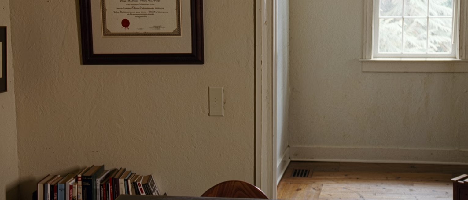 a desk seen close with a framed diploma on the wall above it, a row of textbooks, an exam paper face down with a pencil across it, a cup, the chair pushed in, the window soft beyond