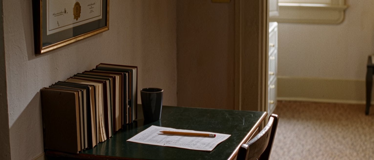 a desk seen close with a framed diploma on the wall above it, a row of textbooks, an exam paper face down with a pencil across it, a cup, the chair pushed in, the window soft beyond