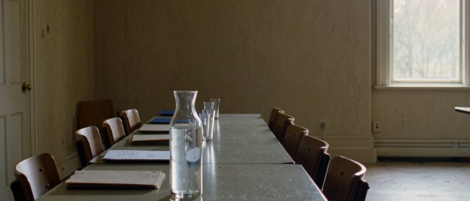 a long table seen close with a row of empty chairs down one side, a water jug and glasses, a document folder laid at each place, the far wall bare, the window soft beyond