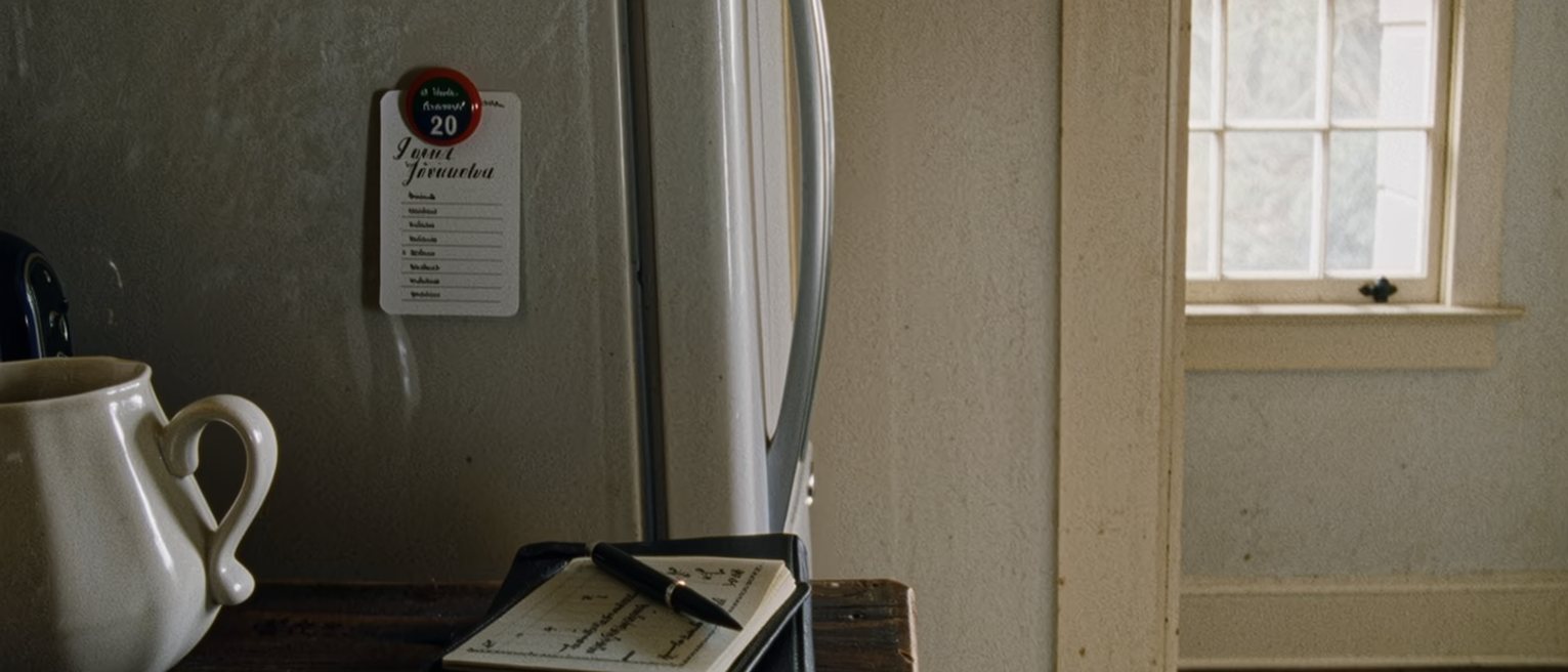 a kitchen seen close with a small printed appointment card held under a magnet on the fridge door, a pen and a diary on the counter below it, a cup, the window soft beyond