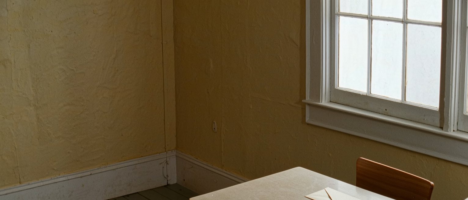 a writing desk seen close with a letter half written in blue ink and the pen laid down, a plain unaddressed envelope beside it, a cup, the chair pushed back, the window soft beyond