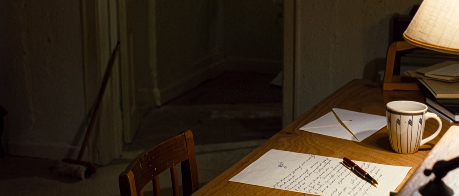 a writing desk seen close with a letter half written in blue ink and the pen laid down, a plain unaddressed envelope beside it, a cup, the chair pushed back, the window soft beyond