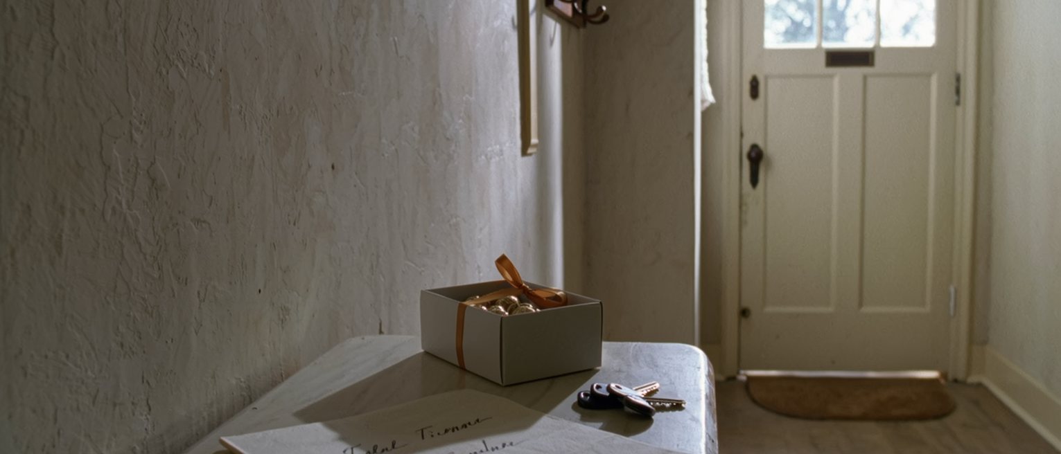 a hallway table seen close with a box of sweets with its ribbon untied, a folded handwritten thank-you note and a set of keys, the coat hooks close behind and the front door soft beyond
