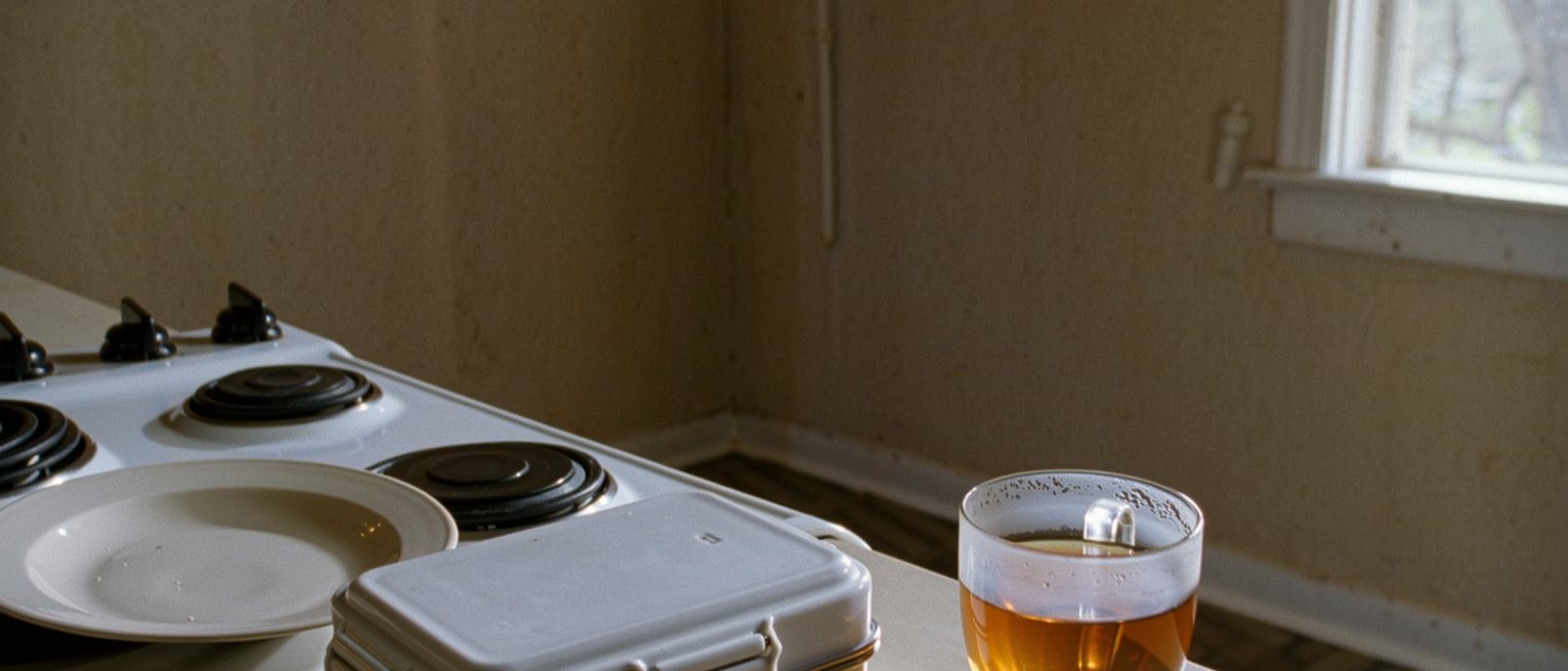 a kitchen seen close with one plate washed and set to dry, a lunch box packed and closed, a cup of tea untouched and gone cold, the stove close behind and the window soft beyond