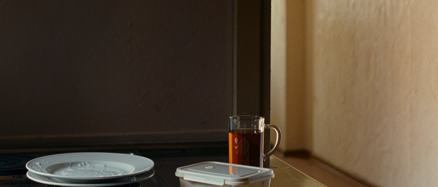 a kitchen seen close with one plate washed and set to dry, a lunch box packed and closed, a cup of tea untouched and gone cold, the stove close behind and the window soft beyond